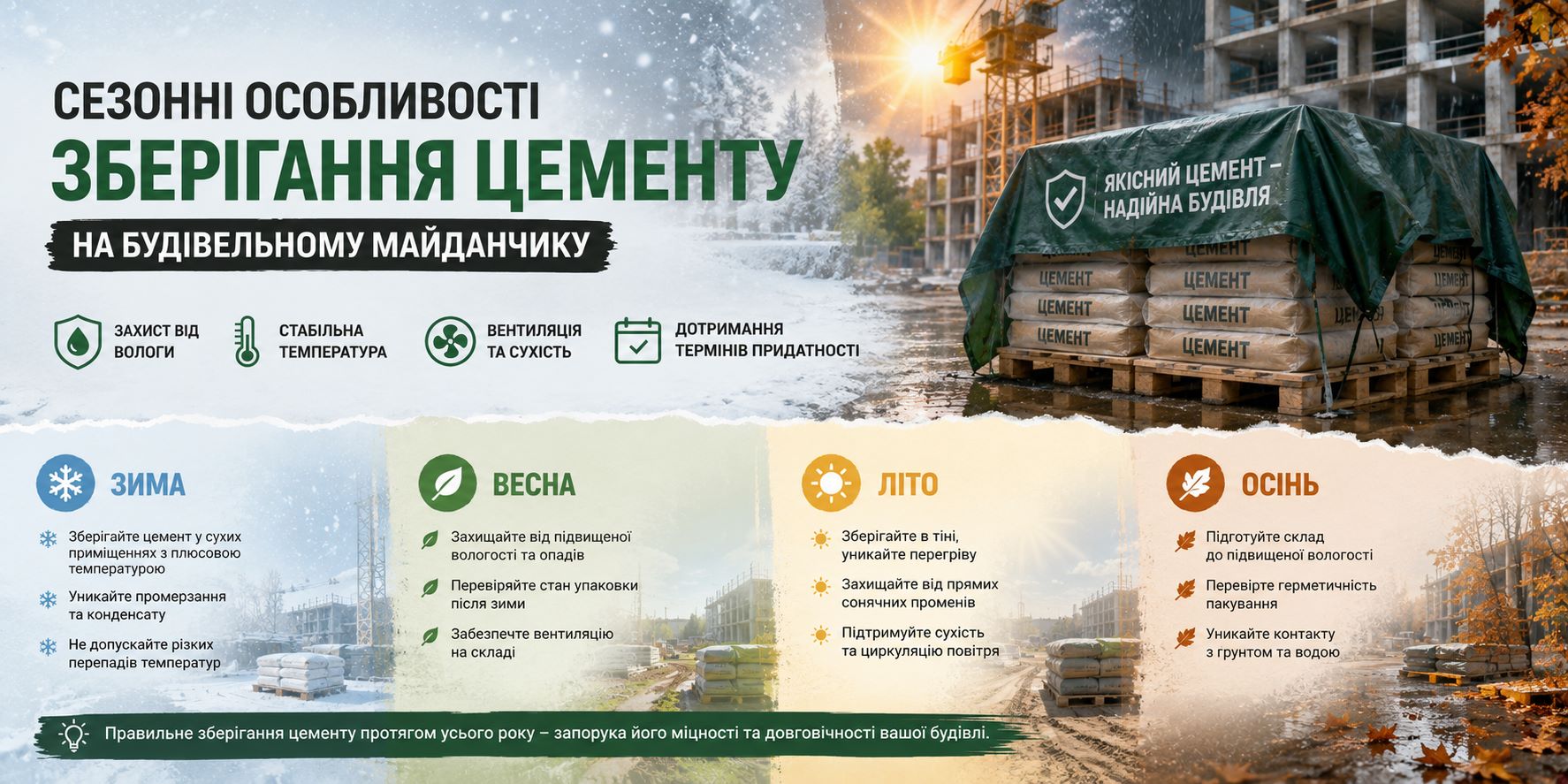 Сезонні особливості зберігання цементу на будівельному майданчику