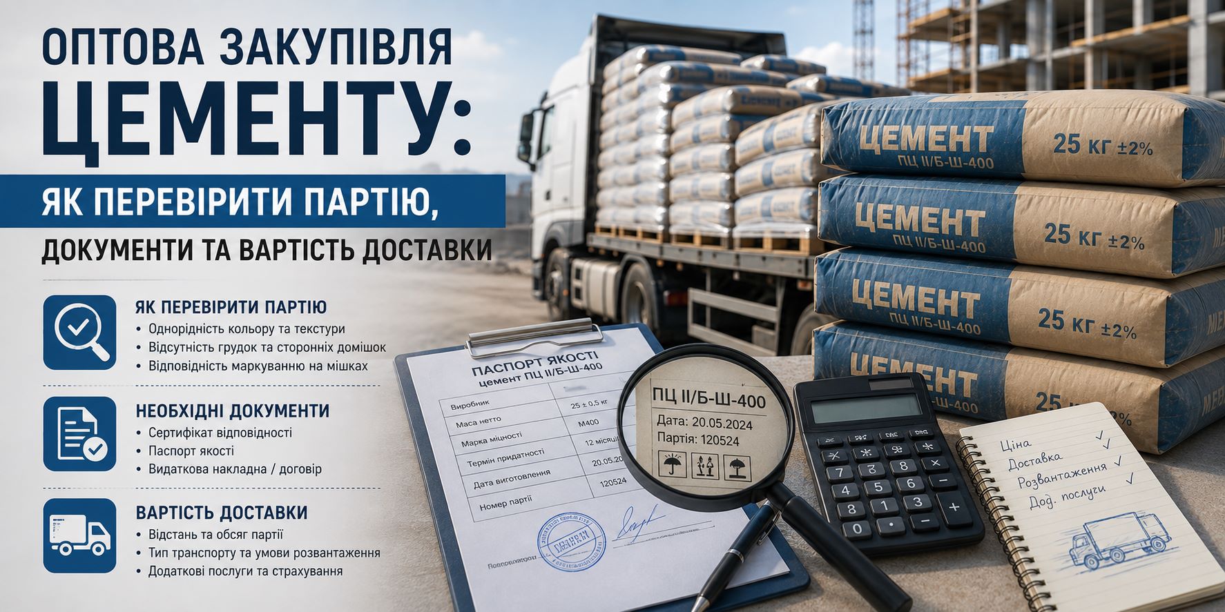 Оптова закупівля цементу: як перевірити партію, документи та вартість доставки